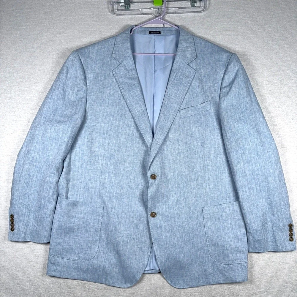 Stafford Linen & Cotton Blazer Mens Size 54L Blue Herringbone Double Vented